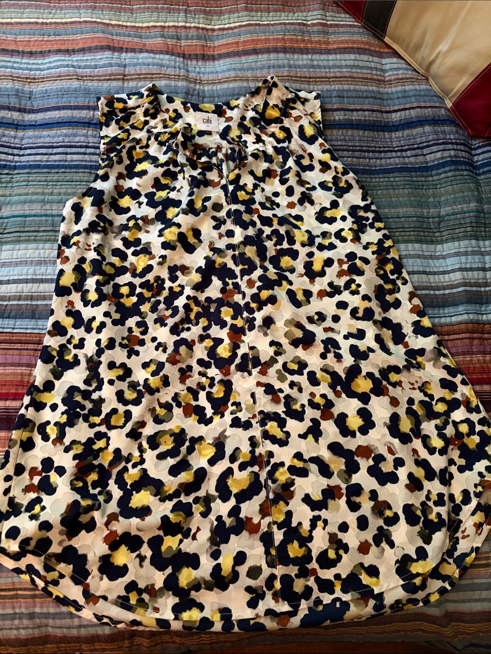 CAbi Blouse in Navy, Mustard, Brown and Cream